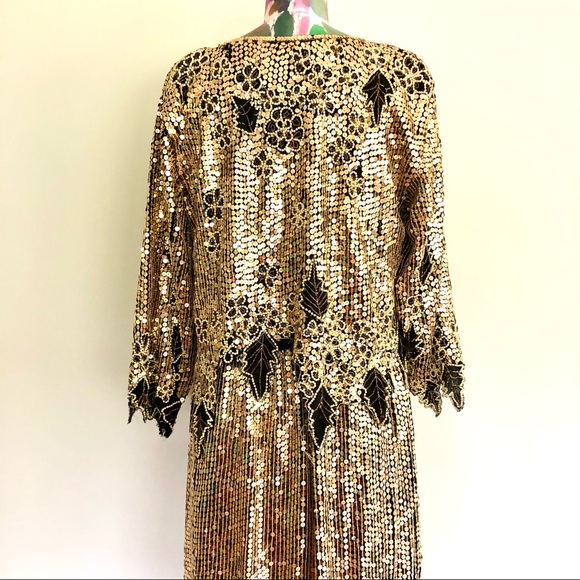 📀VINTAGE Gold Sequin Floral Skirt Top Set - Picture 5 of 8